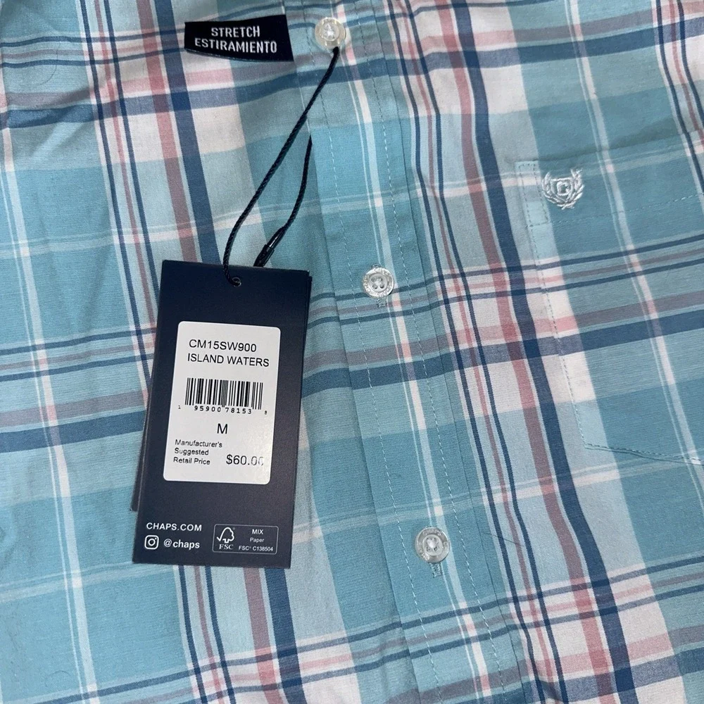 Chaps Men's Everyday Classic S/S Button‎ Down Plaid Shirt Pastel Stretch Med NWT
